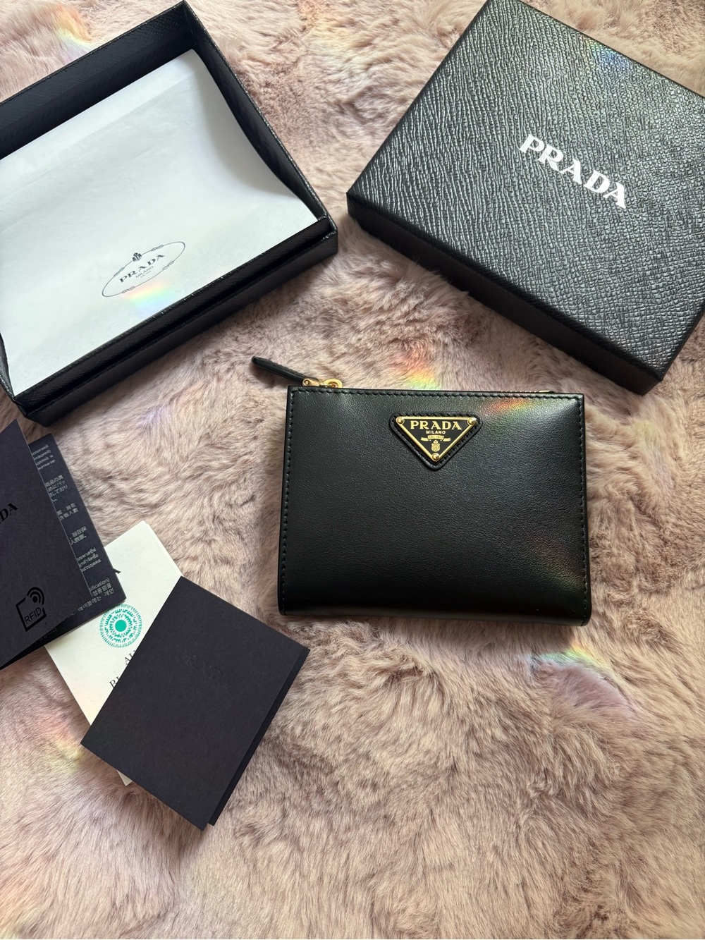 Prada Black Leather Zip Card Case with Gold Logo